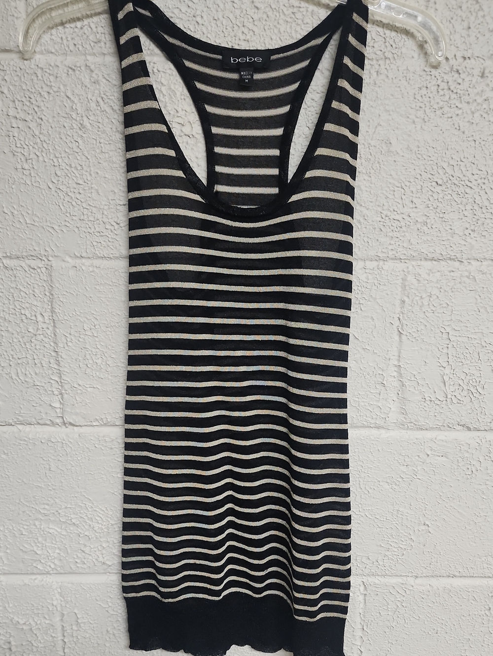 bebe Black and Gold Striped Racerback Knit Tank